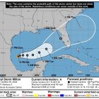 Imagen cedida el Centro Nacional de Huracanes (NHC) estadounidense del pronóstico de cinco día del paso de la tormenta tropical Milton en el Golfo de México. EFE/NHC