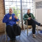 El director del Museo Reina Sofía, Manuel Segade (i), y el fotógrafo y artista Miguel Ángel Tornero presentan 'Gran friso', una gran lona que cubrirá durante un año el Palacio de Cristal en el Parque de El Retiro durante las obras de adecuación. EFE/ Chema Moya