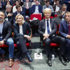 Liderada por el presidente de Vox, Santiago Abascal (i), Madrid acoge la primera cumbre de Patriotas, alianza de la extrema derecha europea que reúne en la capital a la francesa Marine Le Pen (3d), el italiano Matteo Salvini (i), el holandés Geert Wilders (2d) y el checo Andrej Babis (d). EFE/ Sergio Pérez