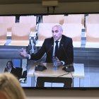 Vista de la pantalla en la sala de prensa de la Audiencia Nacional en San Fernando de Henares donde se ve la declaración d expresidente de la Federación de Fútbol Luis Rubiales por el beso que dio a Jenni Hermoso tras la final del Mundial de 2023. EFE/ Fernando Villar