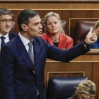 El presidente del Gobierno, Pedro Sánchez, durante su intervención en la primera sesión de control al Ejecutivo del año, este miércoles en el Congreso. EFE/ J.J.Guillén