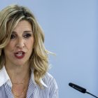 La ministra de Trabajo y vicepresidenta segunda del Gobierno, Yolanda Díaz durante la rueda de prensa tras el Consejo de Ministros celebrado este martes en el Palacio de la Moncloa. EFE/ Mariscal