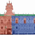 Etapas constructivas de San Marcos: en azul, fachada erigida en el siglo XVI; en rojo, lo añadido en el siglo XVIII; y en verde, la cornisa del XIX.