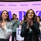 Irene Montero junto a Ione Belarra ayer, tras anunciar la candidatura de la exministra.