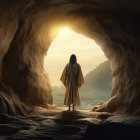 Representación gráfica, creada mediante tecnología digital, del instante en que Jesucristo sale de su sepulcro, tras volver a la vida después de su muerte en la cruz.