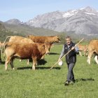 Un ganadero junto a sus reses en los montes del valle del Valdeburón.
