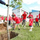 Un grupo de niños participó en la plantación en el campus.