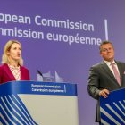 Kaja Kallas y Maros Sefcovic explican a los medios de comunicación el acuerdo de Mercosur el pasado miércoles en Bruselas.