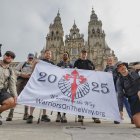 Veteranos de las fuerzas armadas de EEUU posan en Santiago de Compostela  el miércoles 08 de octubre tras completar el Camino de Santiago tras partir desde Astorga. Soldados y veteranos estadounidenses peregrinan cada año a Santiago de Compostela para combatir el estrés postraumático, una experiencia terapéutica que combina ejercicio físico, naturaleza, sentimiento de comunidad y espiritualidad.