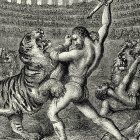 Ilustración de época victoriana (1860s) que recrea a bestiarii, gladiadores especializados en luchar contra fieras, enfrentándose a tigres y leones en el Coliseo de Roma. Escenas como esta eran habituales en las venationes, los espectáculos matutinos del circo romano.