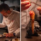El chef de ConMimo, en León, en plena elaboración de uno de sus icónicos entrantes: conos de tartar servidos con precisión milimétrica y un guiño artístico al emblema de la ciudad.