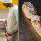 Artesanía en estado puro: el hojaldre se trabaja a mano y se espolvorea con azúcar glas antes de convertirse en el icónico Lazo de San Guillermo.