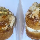 Rosconcitos de edición limitada elaborados por La Postrería Kamin en León: a la izquierda, el clásico; a la derecha, el relleno de chantilly con cobertura de pistacho y naranja.