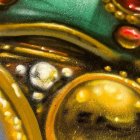 Detalle del escarabajo ciervo pintado por Häcko Crâne en su serie El humano es un virus. Aunque pertenece a otra obra, este fragmento anticipa la estética joya-naturaleza que desarrollaría después en Queen Bee.