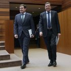 El presidente de la Junta, Alfonso Fernández Mañueco (i), junto al consejero de Economía, Carlos Fernández Carriedo (d), a su llegada a un pleno de de las Cortes de Castilla y León,