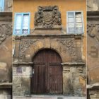 Detalle de la puerta principal del Palacio de los Marqueses de Lorenzana, con su escudo nobiliario presidiendo la fachada en plena calle Serranos de León