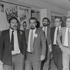 Las primeras elecciones regionales en Castilla y León en 1983. En la imagen Alfonso Guerra (D) asiste a un acto electoral en Valladolid, acompañado de Gregorio Peces Barba,(2D) Tomás Rodríguez Bolaños(2I), Constantino Nalda( al fondo), Demetrio Madrid (I).