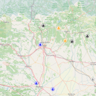 Mapa con los fuegos declarados este sábado.