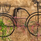 Detalle de una bicicleta ornamental con vegetación integrada sobre muro de piedra, evocando el estilo rural y creativo de espacios como la casa de las bicicletas en León