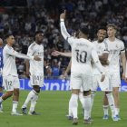 El Real Madrid celebra el gol de Mbappé que abría el marcador.