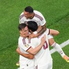 Mikel Merino celebra el gol de la victoria de España junto a Pedro Porro y Fabián Ruiz.