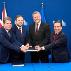 Fabian Picardo, Maros Sefcovic, Stephen Dought y José Manuel Albares, ayer.