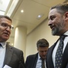 El líder del PP, Alberto Núñez Feijóo (i), y el de Vox, Santiago Abascal (d) en una imagen de archivo en el Senado. EFE/ Kiko Huesca.