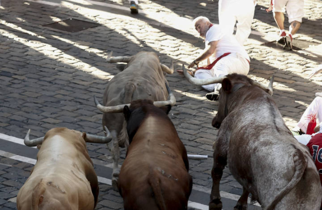 Hombre en el suelo delante de varios toros en el primer encierro de los Sanfermines 2022. JESÚS DIGES