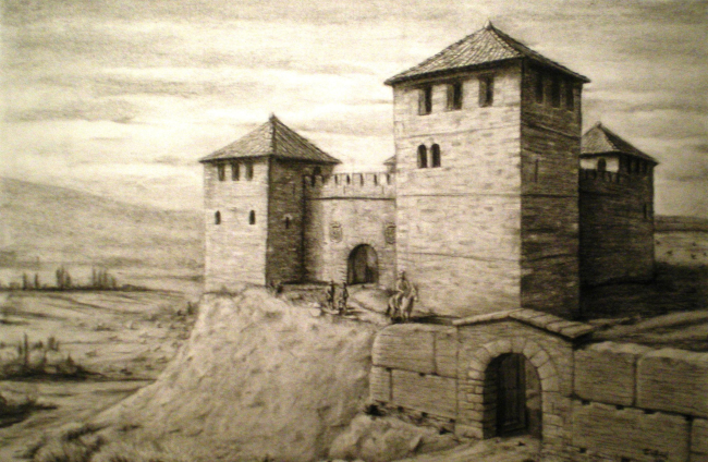 Recreación del castillo de Bembibre a mediados del siglo XV, con sus cuatro torres, obra del ilustrador Raúl Arias y del historiador Manuel Olano. En primer término, la Torre del Homenaje. RAÚL ARIAS Y MANUEL OLANO