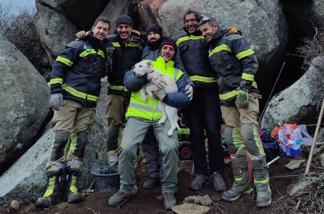 Los bomberos posan con Chispa, la perra de caza que quedó atrapada entre dos rocas y a la que los Bomberos de Ávila tardaron dos días en su rescate. TWITTER EMERGENCIAS ÁVILA