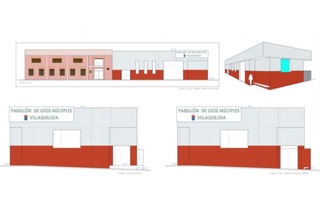 Imagen virtual del aspecto exterior que tendrá el nuevo pabellón multiusos de Villaquejida, con la actual casa de cultura en la parte izquierda. ZAPATERO HOLGUÍN ARQUITECTOS