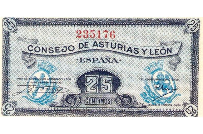 Un ‘belarmino’ de 25 céntimos, como se llamaba entonces a los billetes emitidos por el Consejo Soberano de Asturias y León.