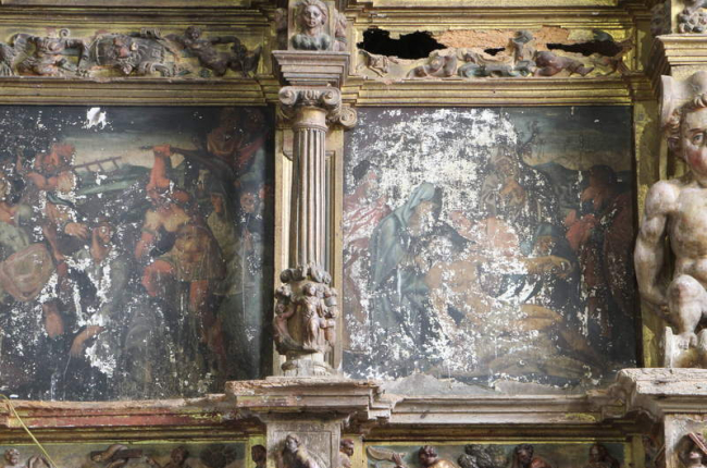 Detalle del retablo principal de la iglesia de Valdavida, que fue desmontado hace tres años por su delicado estado, pero que no ha sido restaurado aún. DL