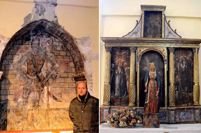 La pintura del caballero de Gordaliza del Pino junto al párroco, Jorge García. A la derecha, el retablo tras el que se ocultaba.