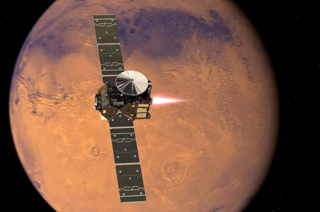 Una foto de 2016 de la nave de Gases Traza y el módulo Schiaparelli, mientras este último se acerca a Marte. EFE