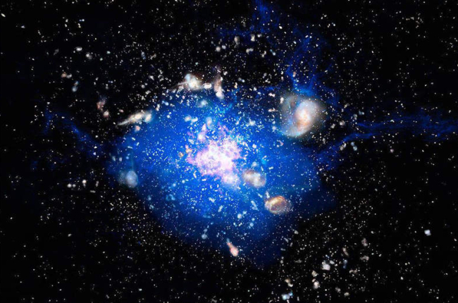 Recreación artística del océano de gas helado encontrado en un cúmulo de galaxias. CSIC