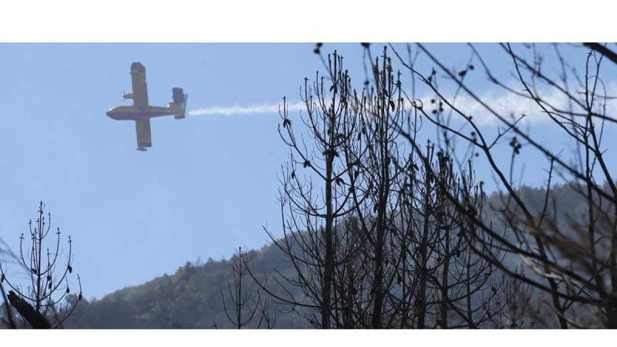 Uno de los cuatro hidroaviones descargando ayer agua.