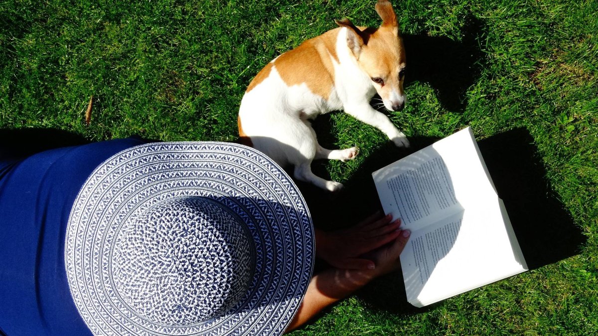 Una mujer lee en una zona verde acompañada de su mascota.
