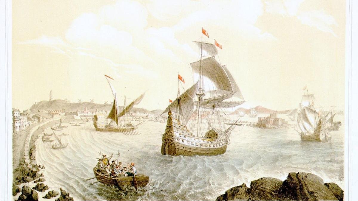 Litografía del s. XIX que representa la salida de la expedición de Loaysa desde La Coruña, del Museo Naval de Madrid. DL
