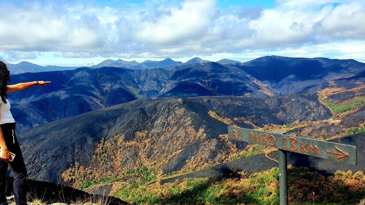 La alcaldesa de Páramo del Sil, Alicia García, señala la zona calcinada desde la zona del Miro y lo verde que se salvó de la braña de Anllares. Detrás está Fornela.