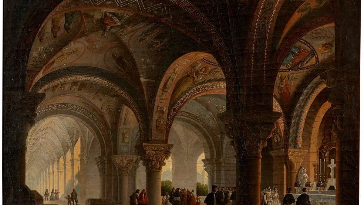 Pintura de José María Avrial y Flores que recrea la visita de Felipe III al Panteón Real de San Isidoro.