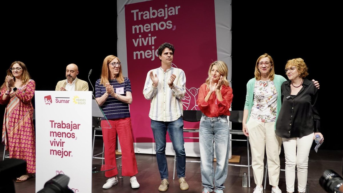 La ministra de Trabajo, Yolanda Díaz, participa en un acto de Sumar por la reducción de la jornada laboral con el lema ‘Trabajar menos, vivir mejor’.