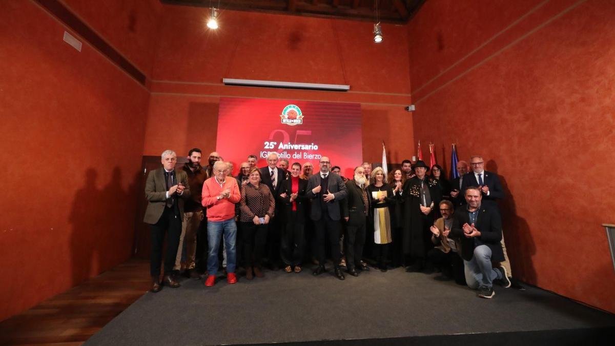 Los homenajeados, empresarios, Cofradía del Botillo y Luis del Olmo en el acto de anoche en el Castillo de Ponferrada.