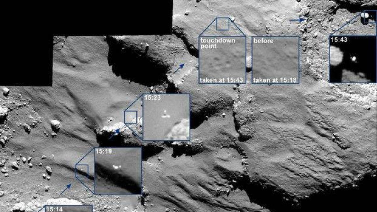 Aterrizaje del módulo 'Philae' sobre la superficie del cometa 67P/Churyumov-Gerassimenko.