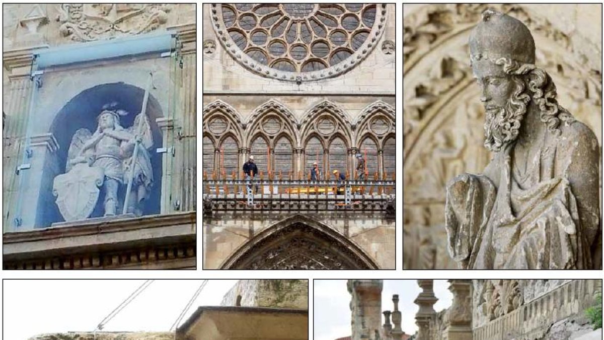 San Miguel tras una mampara, la marquesina de la Catedral, una de las estatuas del pórtico y gárgolas de la Catedral y San Marcos.