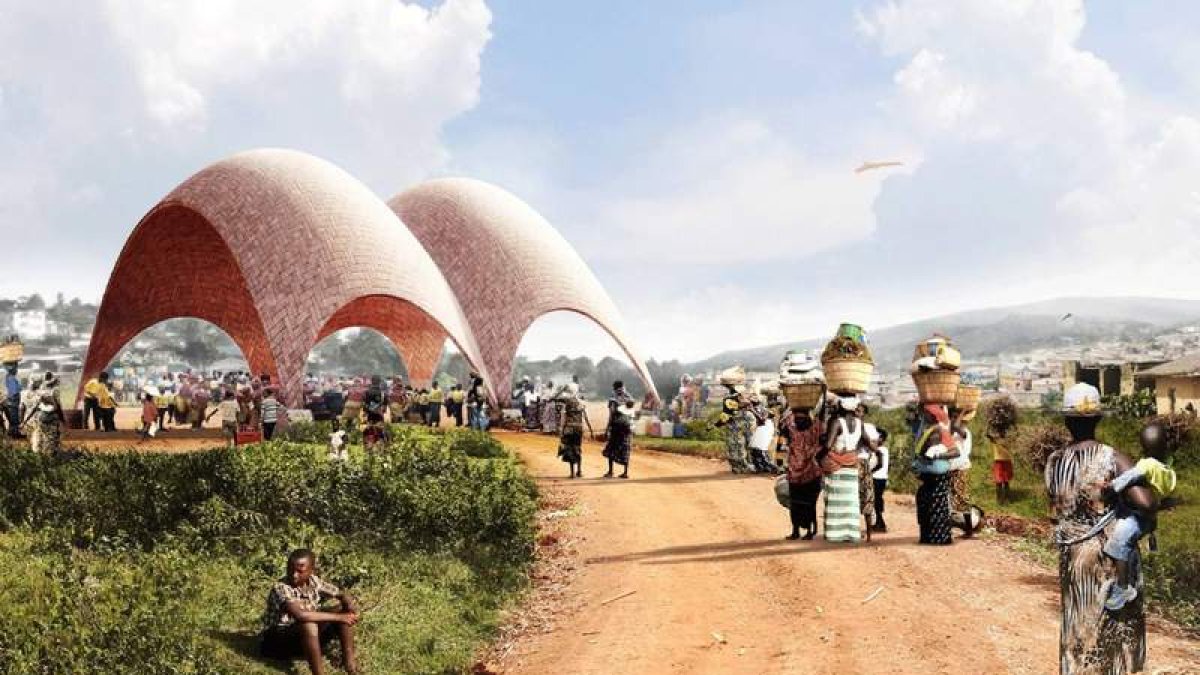 Recreación digital del aeropuerto de drones diseñado por Foster + Partners para Ruanda y otros países de África. FOSTER + PARTNERS