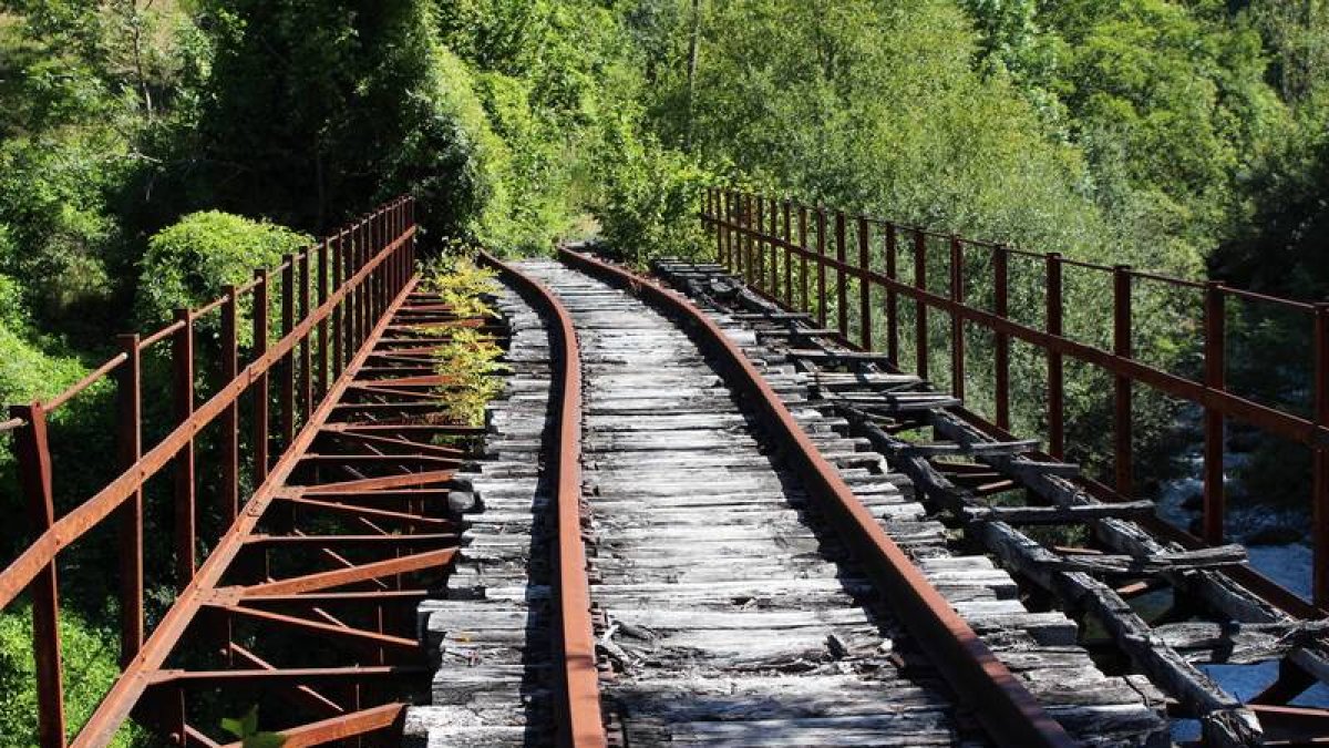 La vía a su paso por uno de los seis puentes que salvan el río Sil en este recorrido y el ojo del puente de Rioscuro para el paso del ferrocarril. El ramal contaba con enlaces a los pozos de Lumajo, Villaseca y Carrasconte y con un apartadero en Sosas de