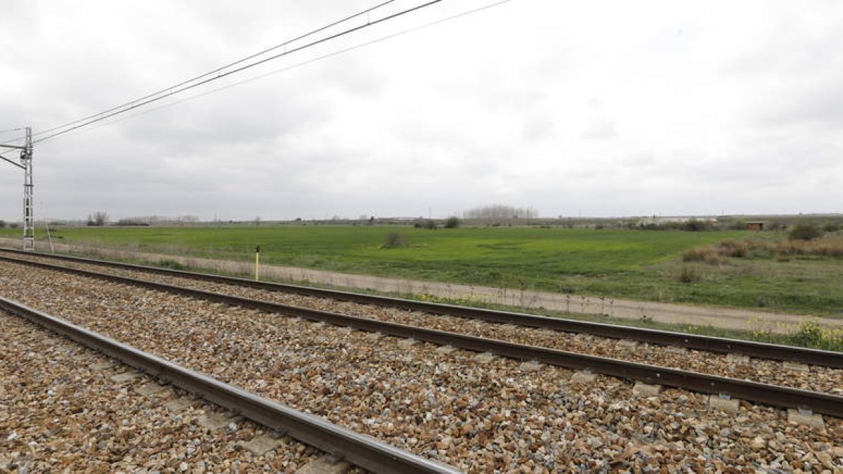 La vía del tren, la plataforma logística de Torneros y los cultivos de cereal.