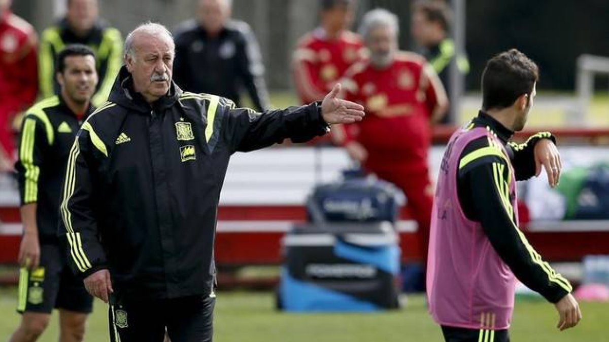 Del Bosque insta a Cesc a quitarse el peto de titular y entregárselo a Xabi Alonso durante el entrenamiento de este sábado en Curitiba.