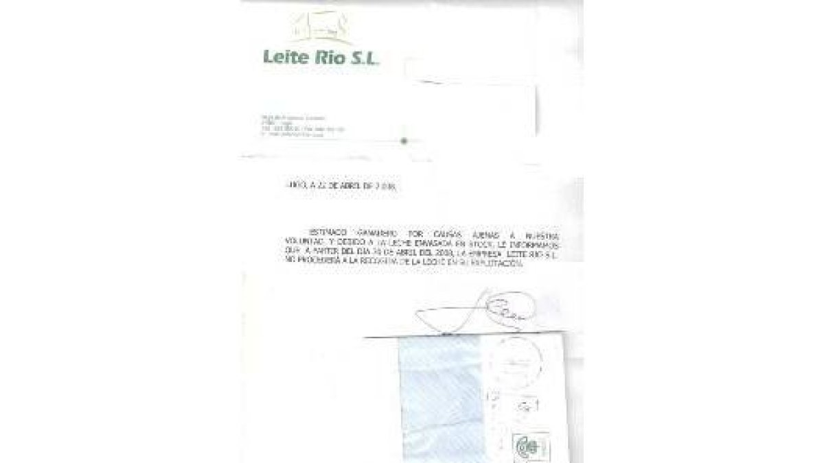 Carta remitida por Leche Río a los ganaderos de la provincia leonesa